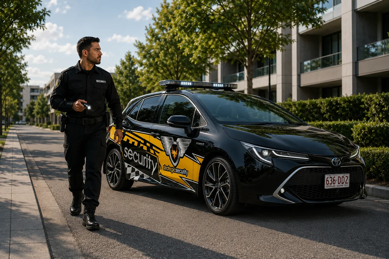 Strategic Security patrol officer checking a property beside a marked response vehicle